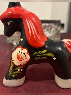 Vintage Russian Lacquered hand-painted Black, Red Horse Sculpture - Folk Art